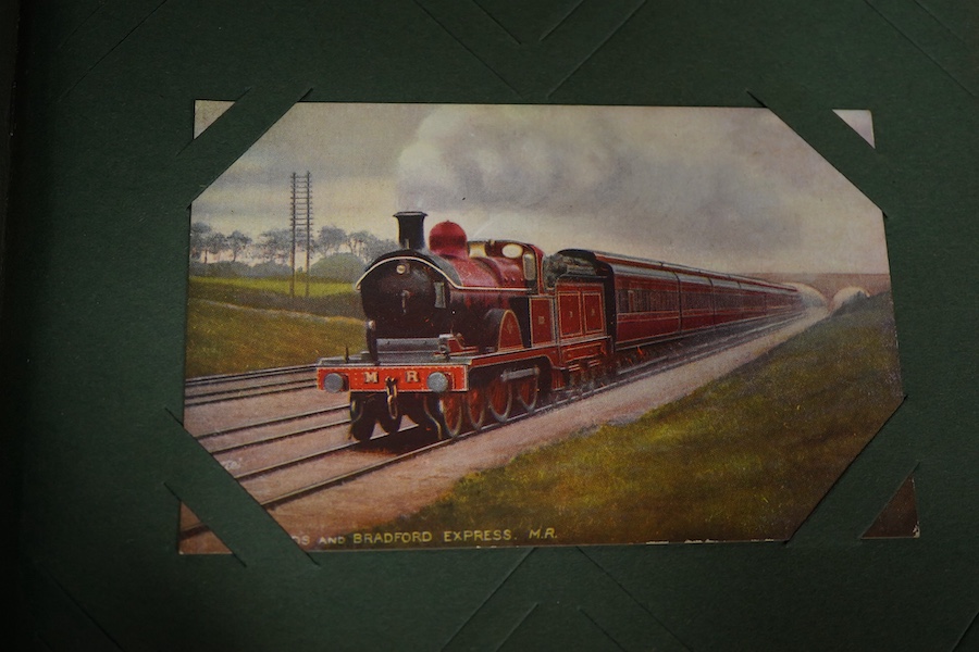 A postcard album containing approximately 160 early to mid 20th century railway related postcards, contained within an Edwardian postcard album, most are unused and unposted, most featuring locomotives and rolling stock,